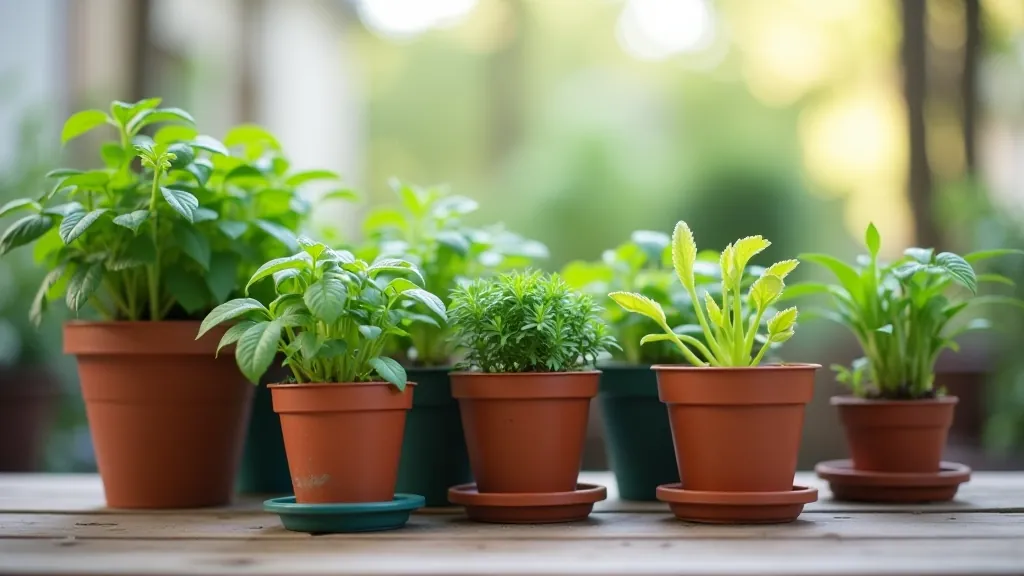 Variety of frost-resistant plant containers in different colors and materials arranged on a wooden balcony floor