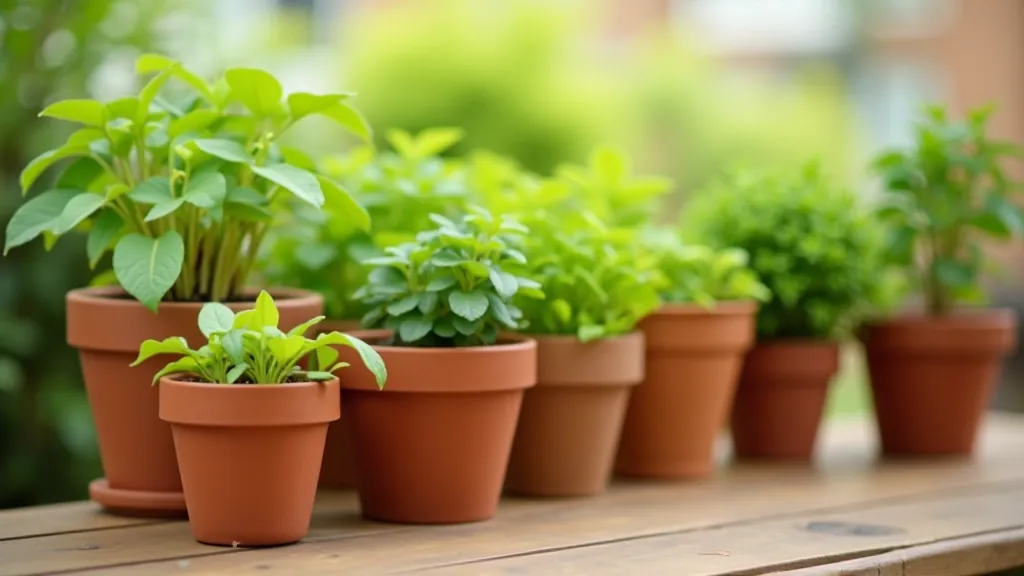 Different types of plant pots arranged on a surface showing ceramic, plastic, and wooden containers