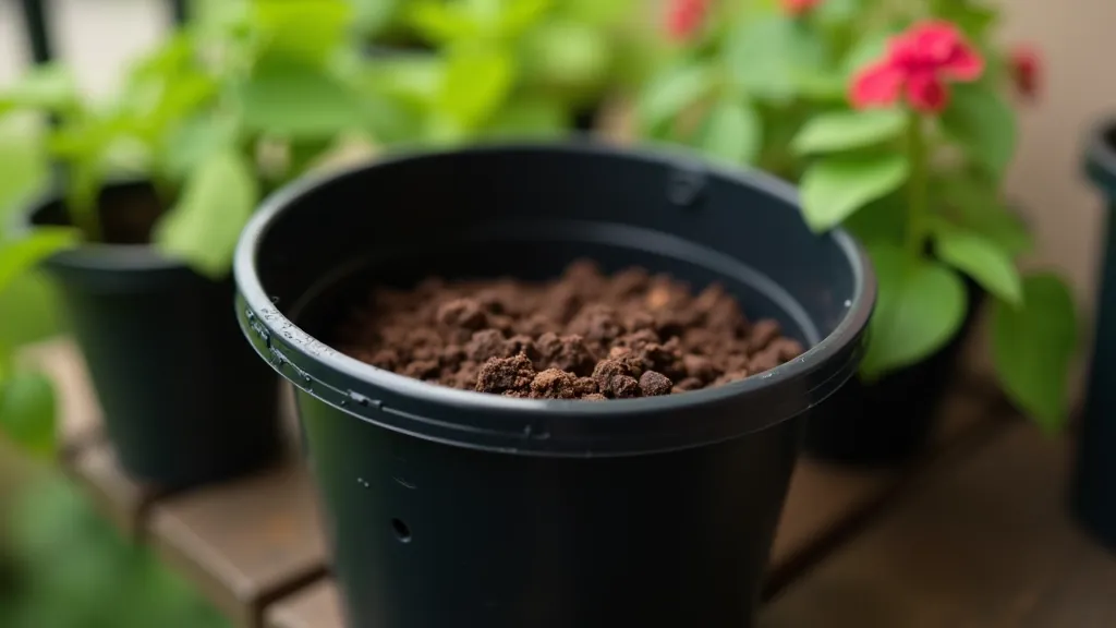 Close-up of black plastic tomato container with drainage holes and moist soil ready for planting