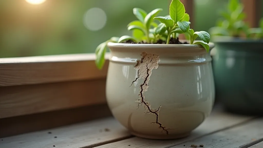 Close-up of frost damage on ceramic plant pot showing hairline cracks and deterioration from ice expansion