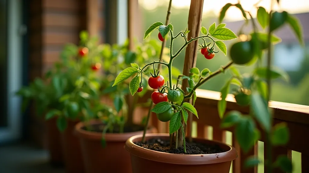 Container tomato plants with ripening red and yellow tomatoes on balcony railing