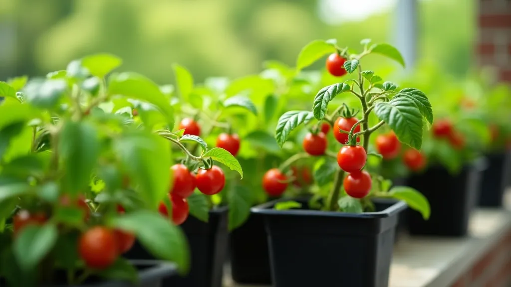 Cherry tomato plants with red ripe tomatoes growing in large black containers on a bright balcony