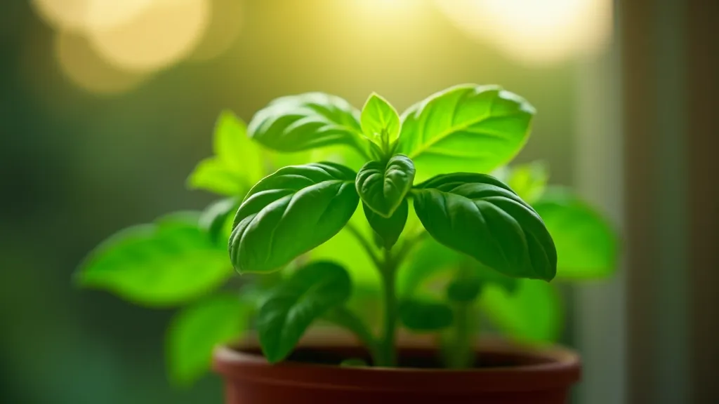 Close-up of fresh green basil leaves with water droplets in morning light