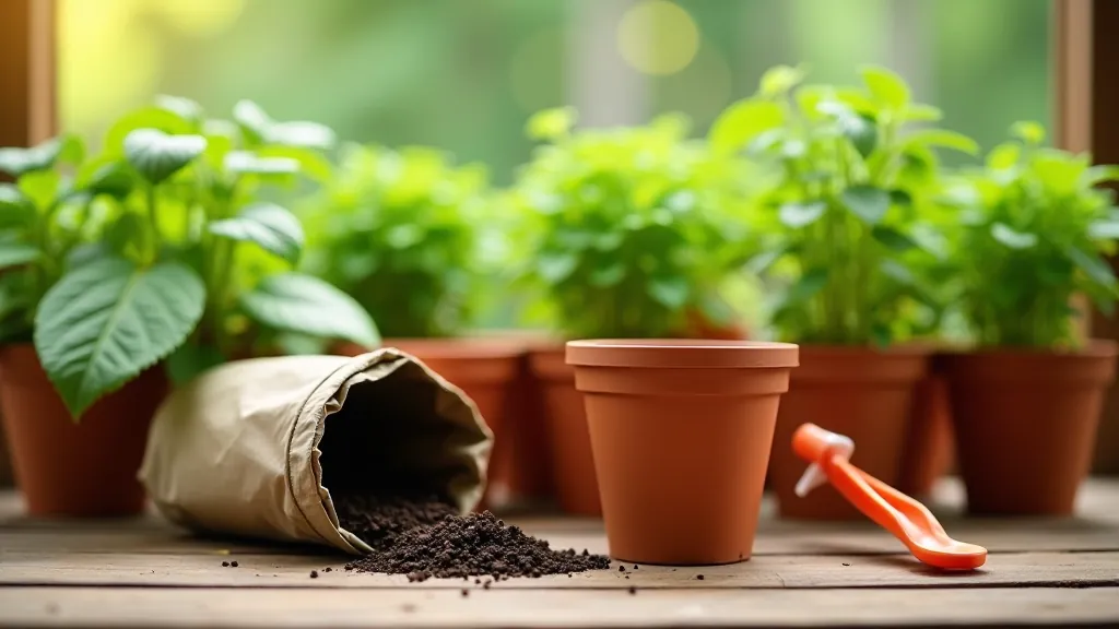 Various terracotta and plastic containers arranged on wooden table with potting soil bag and watering can