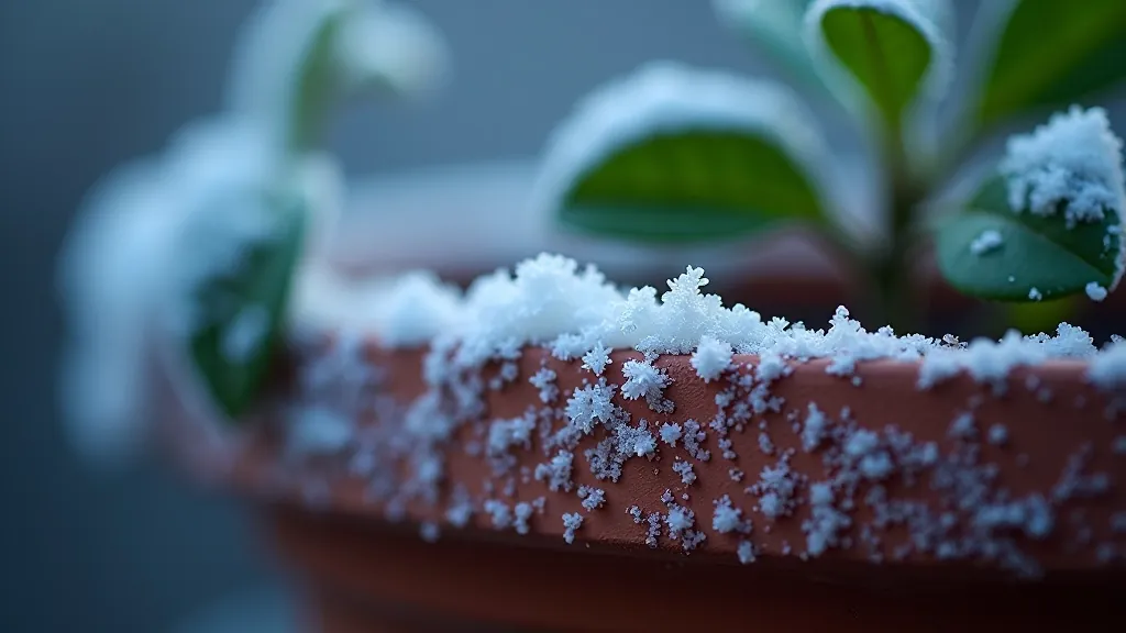 Close-up of frost crystals forming on terracotta pot edges, showing ice formation pattern