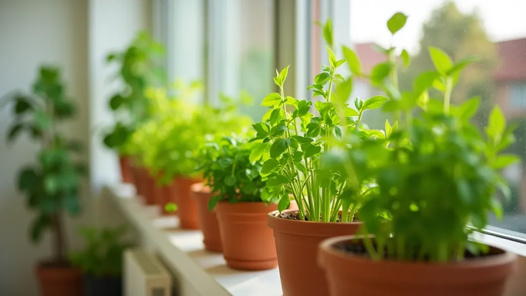 Herb garden on modern balcony with multiple clay containers