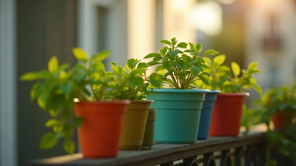 Selection of frost-resistant plastic and composite planters with various colors and designs displayed on outdoor balcony