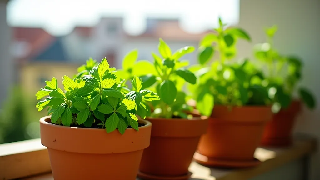 Green herb plants in terracotta pots on a sunny balcony railing with city buildings in background
