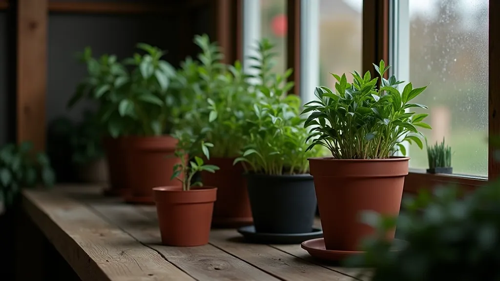 Multiple plant pots stacked and organized in a storage area with protective wrapping