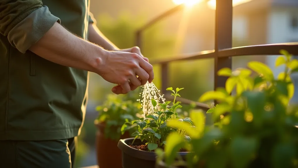 Person watering potted herbs on balcony with watering can on sunny morning