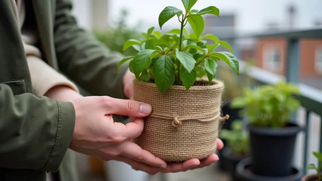 Burlap-wrapped plant pot showing proper wrapping technique with twine securing the material