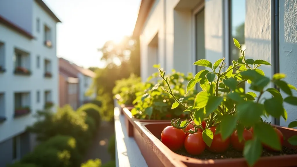Bright Baltic balcony facing south with morning light hitting tomato containers, clear blue sky visible