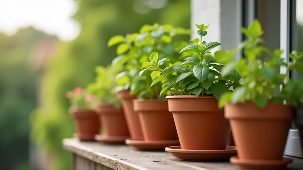 Variety of frost-resistant plant containers in different colors and materials arranged on a wooden balcony floor