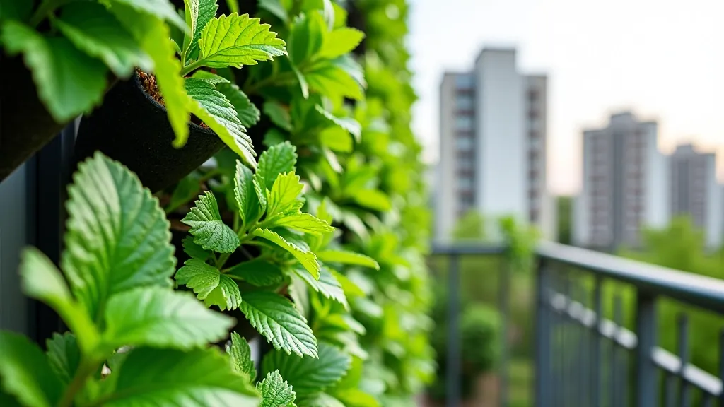 Vertical planting wall system with herbs and small vegetables on apartment balcony