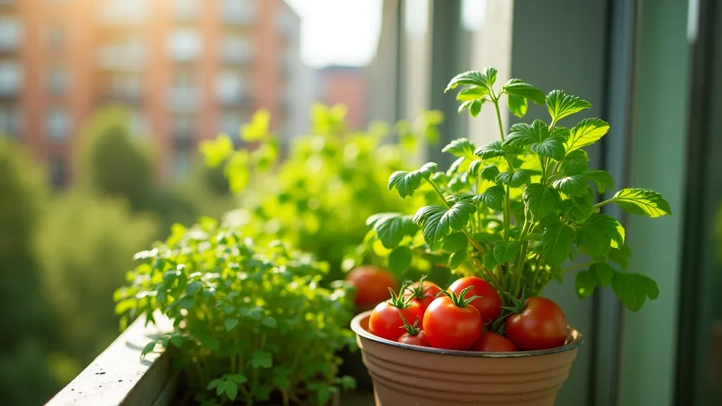 Beautiful balcony garden filled with herbs and tomato plants in containers overlooking Riga