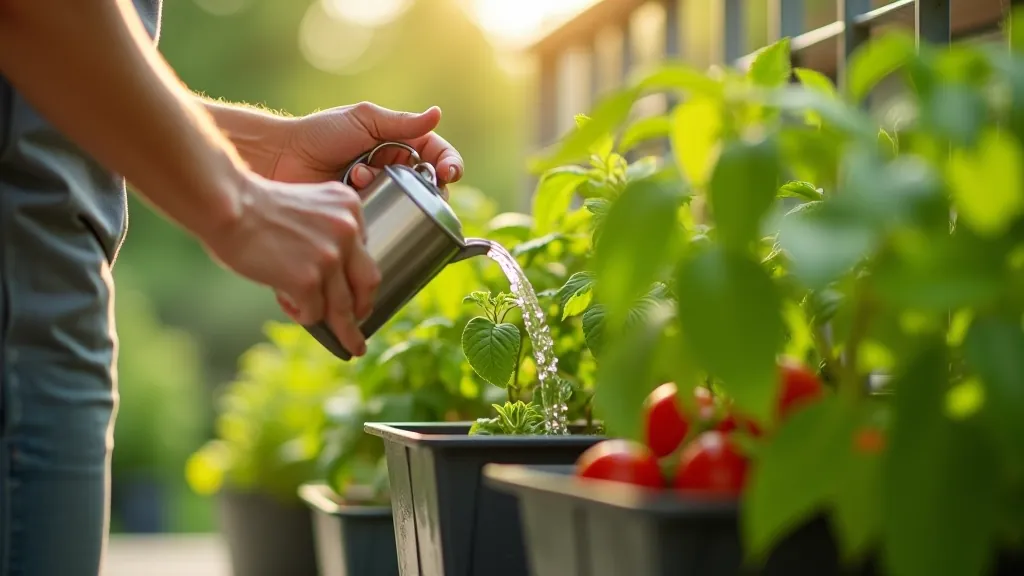 Hand watering tomato plant in container with watering can, water droplets visible on leaves
