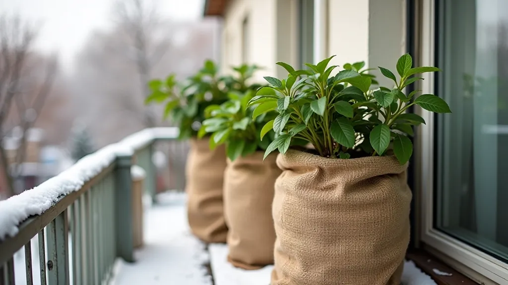 Garden pots wrapped in burlap cloth and stacked together on a snowy balcony for winter storage